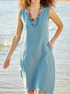 Solid U-Neck Sleeveless Pocket Midi Dress in 5 Colors Sizes 4-12