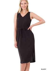Black Sleeveless V-Neck Dress with Drawstring Waist and Pockets - Wazzi's Wear