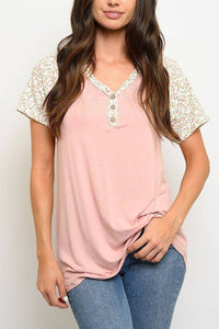 V-Neck Tunic with Floral Short Sleeves and Decorative Buttons - Wazzi's Wear