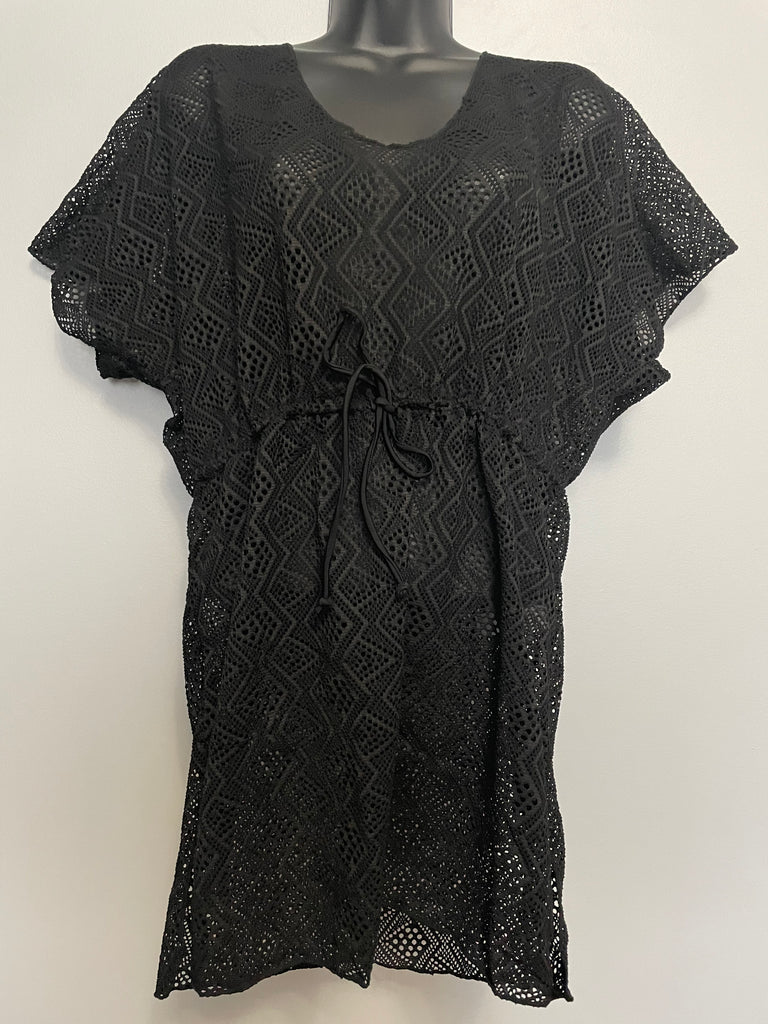 Sheer Black V-Neck Cover Up with Short Sleeves with Drawstring Waist S-L - Wazzi's Wear
