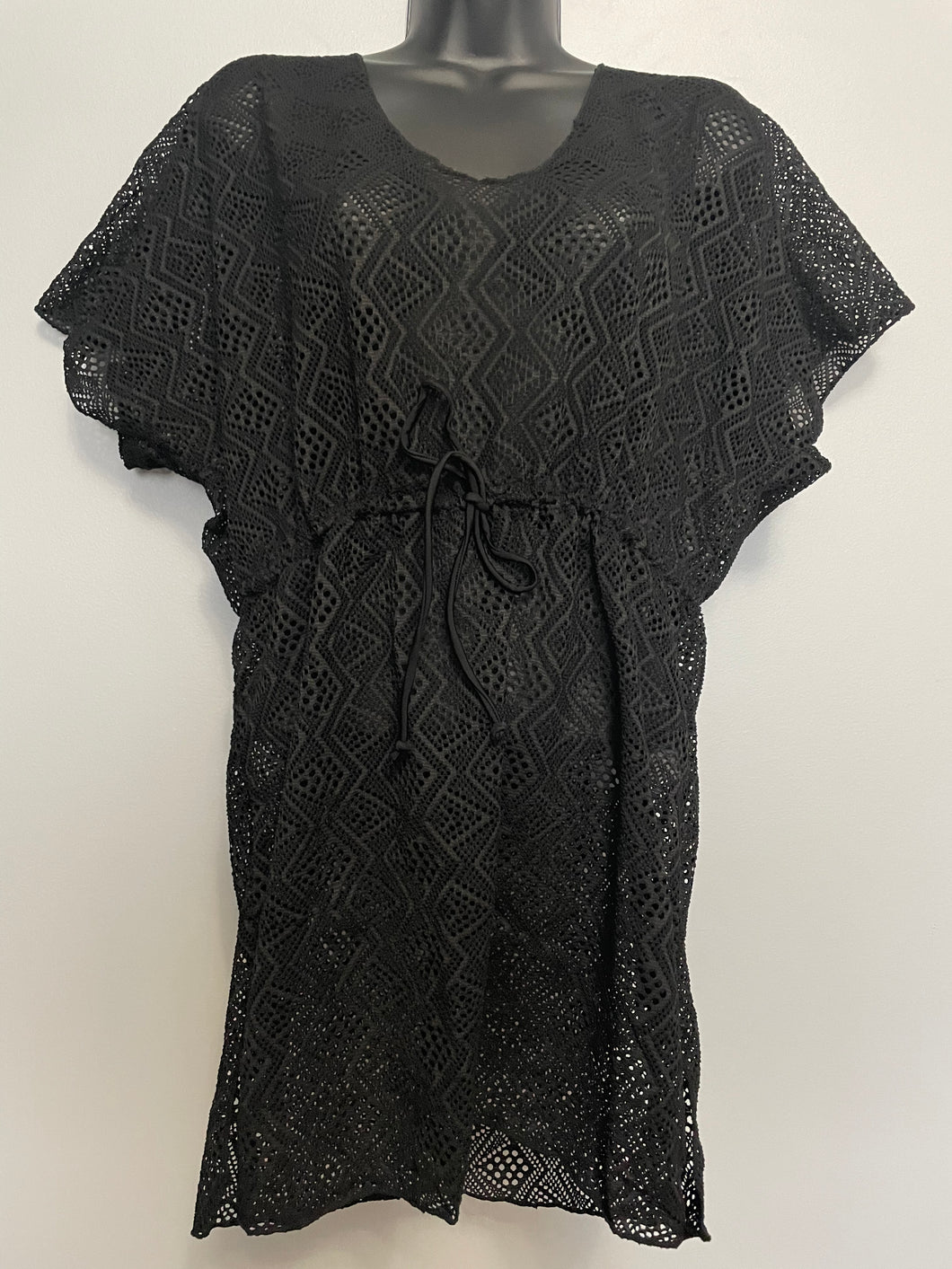 Sheer Black V-Neck Cover Up with Short Sleeves with Drawstring Waist S-L