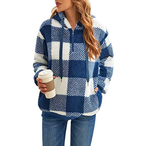Women’s Plush Long Sleeve Plaid Hooded Sweatshirt with Side Pockets in 7 Colors Sizes 4-18