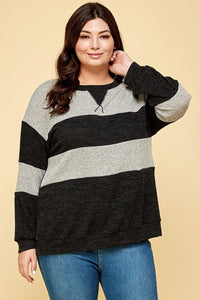 Plus Size Navy and Taupe Striped Sweater with Cuff Sleeves - Wazzi's Wear