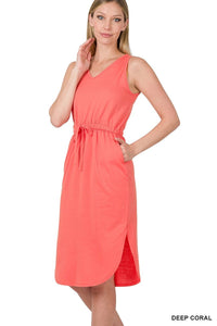Coral Sleeveless V-Neck Dress with Drawstring Waist and Pockets - Wazzi's Wear