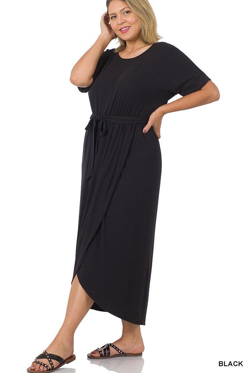 Plus Size Tulip Dress with Round Neck, Waist Tie and Short Sleeves 1X-3X - Wazzi's Wear