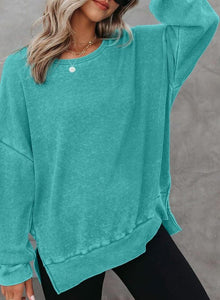 Women's Round Neck Long Sleeve Waffle Knit Top with Side Slit in 6 Colors S-XXL - Wazzi's Wear