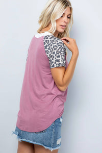 V-Neck Cut Out Top with Leopard Short Sleeves - Wazzi's Wear