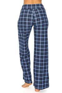 Blue Plaid Lounge Pants with High Drawstring Waist - Wazzi's Wear