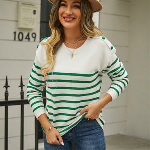 Women’s Long Sleeve Striped Sweater with Button Detail in 3 Colors S-XL