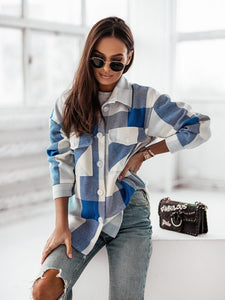 Women's Plaid Long Sleeve Shirt Jacket in 4 Colors S-XL