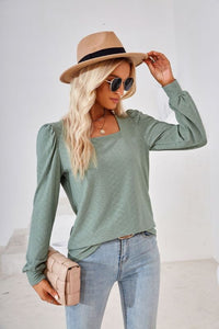 Women's Square Neck Jacquard Long Sleeve Top in 6 Colors S-XXL