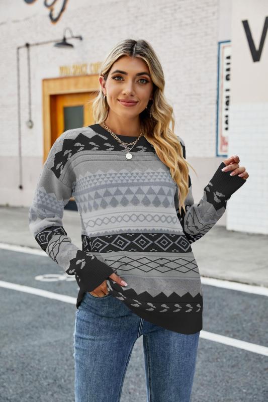 Women’s Retro Round Neck Long Sleeve Sweater in 3 Colors S-XL - Wazzi's Wear