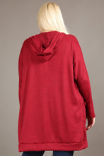 Load image into Gallery viewer, Plus Size Long Open Burgundy Cardigan with Hoodie and Front Pockets 1X-3X
