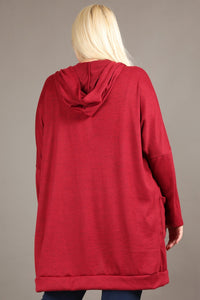 Plus Size Long Open Burgundy Cardigan with Hoodie and Front Pockets 1X-3X