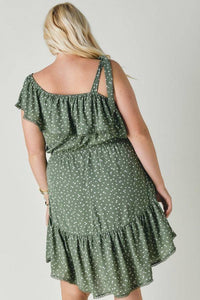 Plus Size Polka Dot Ruffled Dress with Lace Trim and Side Pockets - Wazzi's Wear