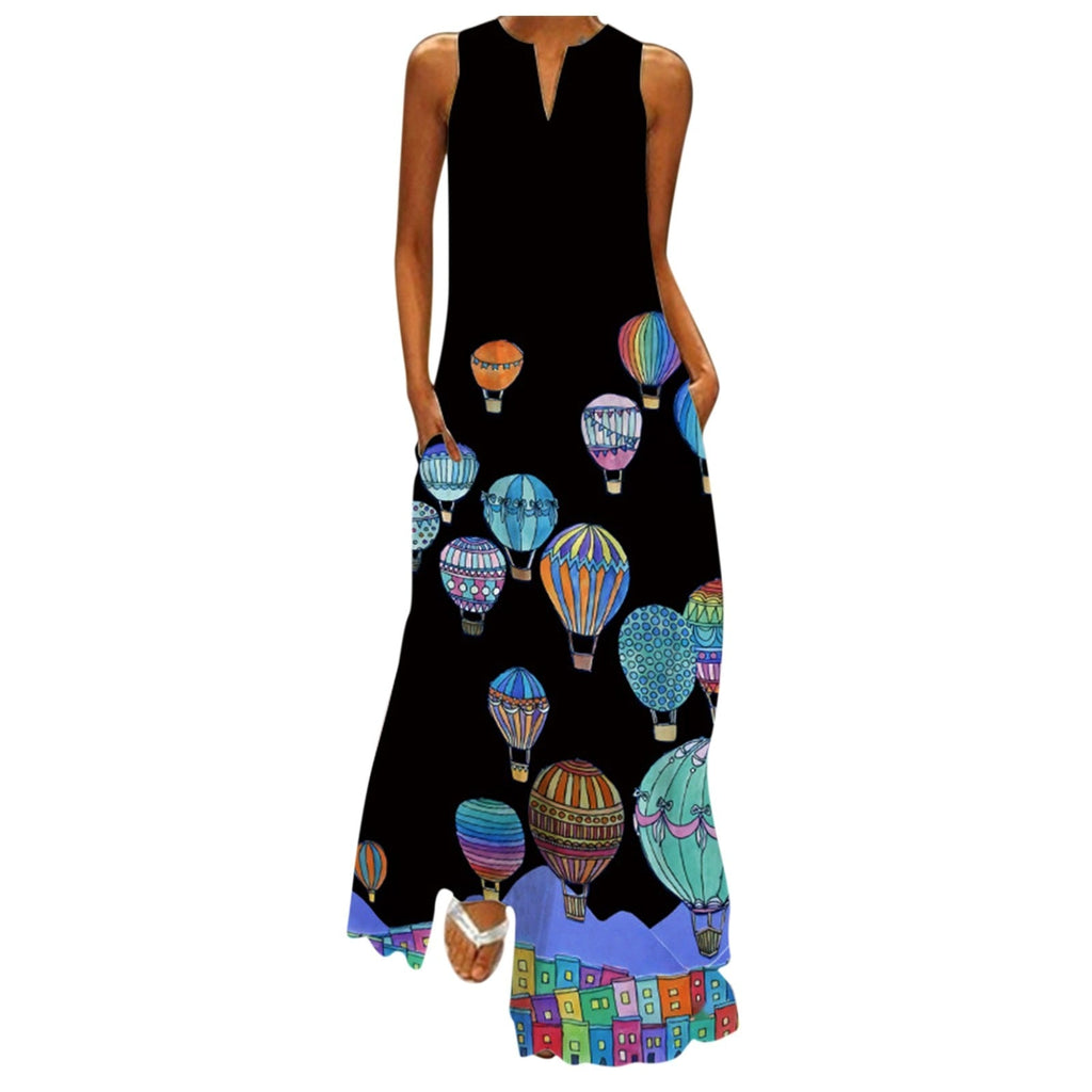 Women’s Sleeveless Printed Maxi Dress with Pockets in 4 Colors Sizes 4-12 - Wazzi's Wear