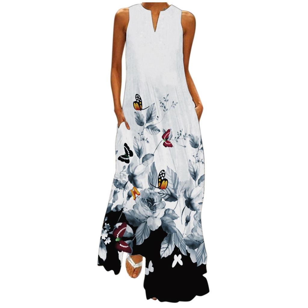 Women’s Sleeveless Printed Maxi Dress with Pockets in 4 Colors Sizes 4-12 - Wazzi's Wear
