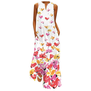 Women’s Sleeveless Printed Maxi Dress with Pockets in 4 Colors Sizes 4-12
