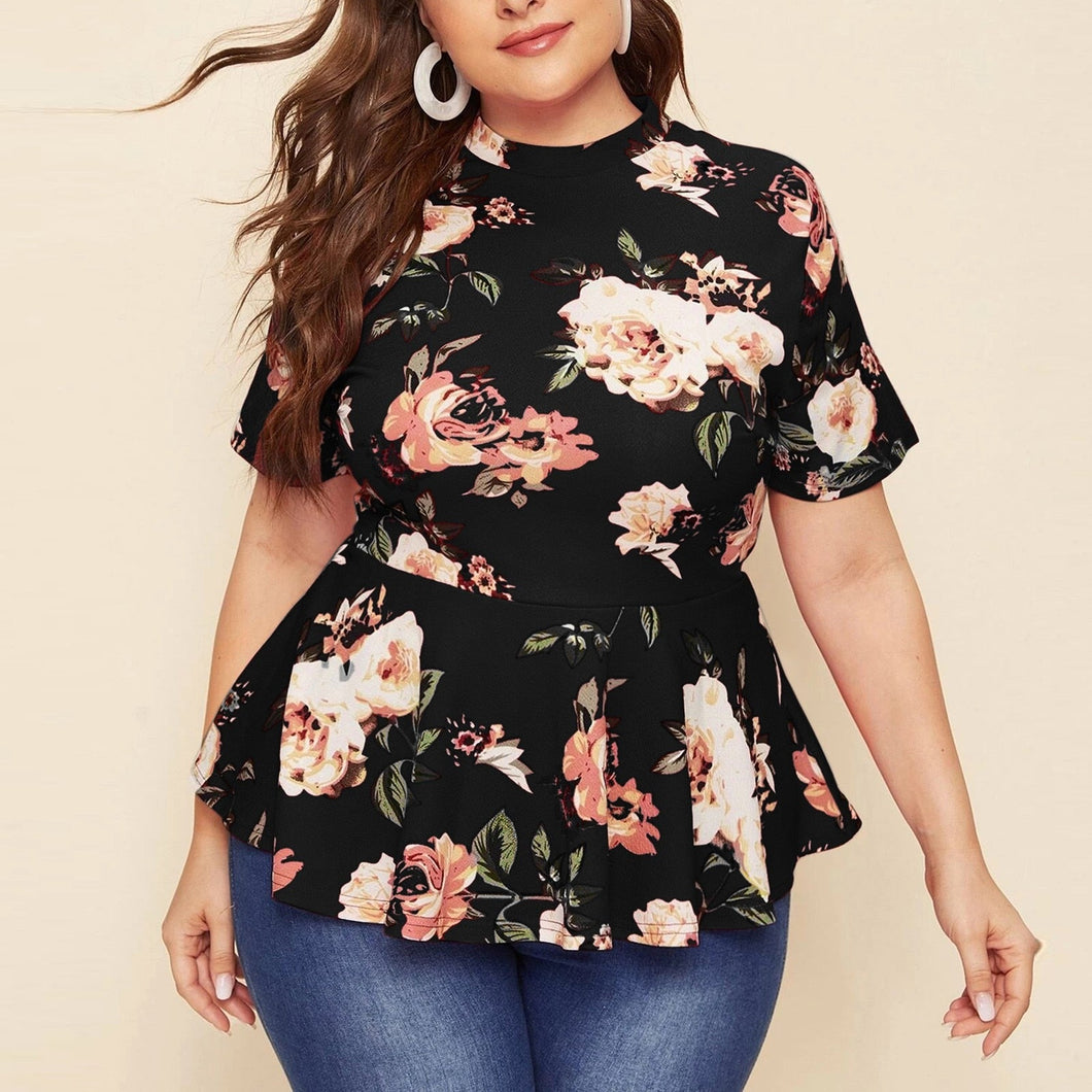 Women’s Plus Size Mock Neck Floral Peplum Top with Short Sleeves L-3XL