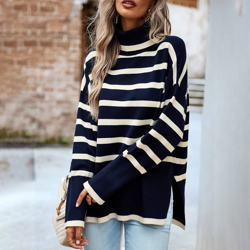 Women's Long Sleeve Striped Turtleneck Sweater