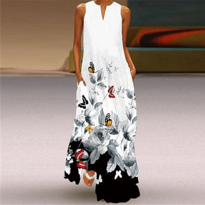 Women’s Sleeveless Printed Maxi Dress with Pockets in 4 Colors Sizes 4-12