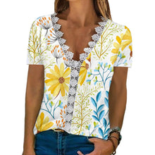 Load image into Gallery viewer, Woman’s Short Sleeve V-Neck Top with Lace Detail in 6 Patterns Sizes 4-18
