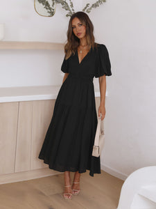 Women’s Solid V-Neck Puff Sleeve Midi Dress in 4 Colors Sizes 4-10 - Wazzi's Wear