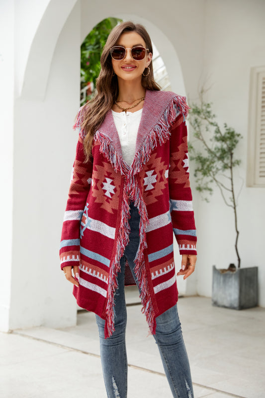 Women's Fringed Geometric Sweater Cardigan in 2 Colors S-XL - Wazzi's Wear
