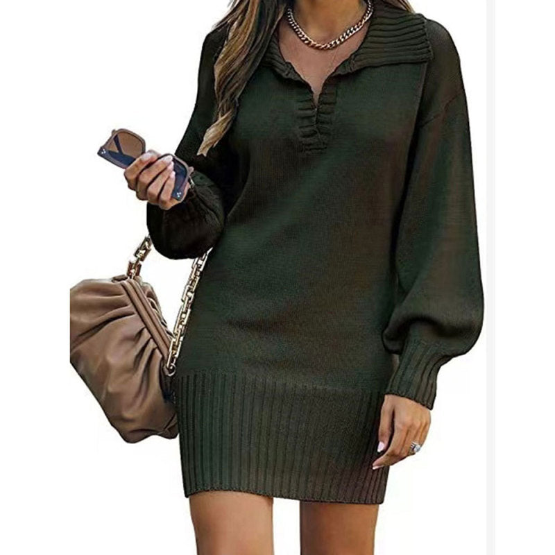 Women’s V-Neck Long Sleeve Knit Sweater Dress in 4 Colors S-XXL - Wazzi's Wear