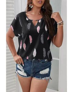 Woman’s V-Neck Feather Print Short Sleeve Top in 3 Colors Sizes 4-18