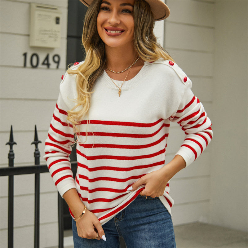 Women’s Long Sleeve Striped Sweater with Button Detail in 3 Colors S-XL - Wazzi's Wear