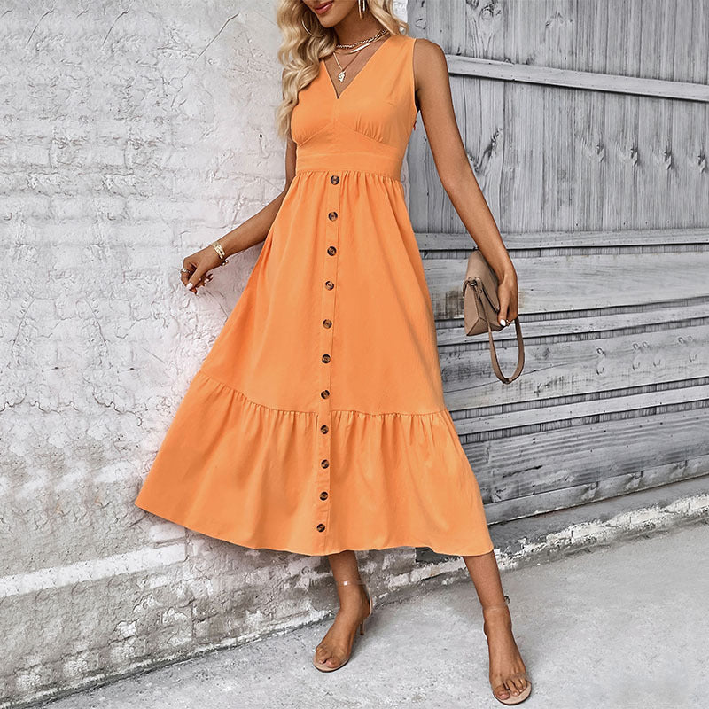Women's Solid Orange V-Neck Sleeveless Dress with Buttons Sizes 2-10 - Wazzi's Wear