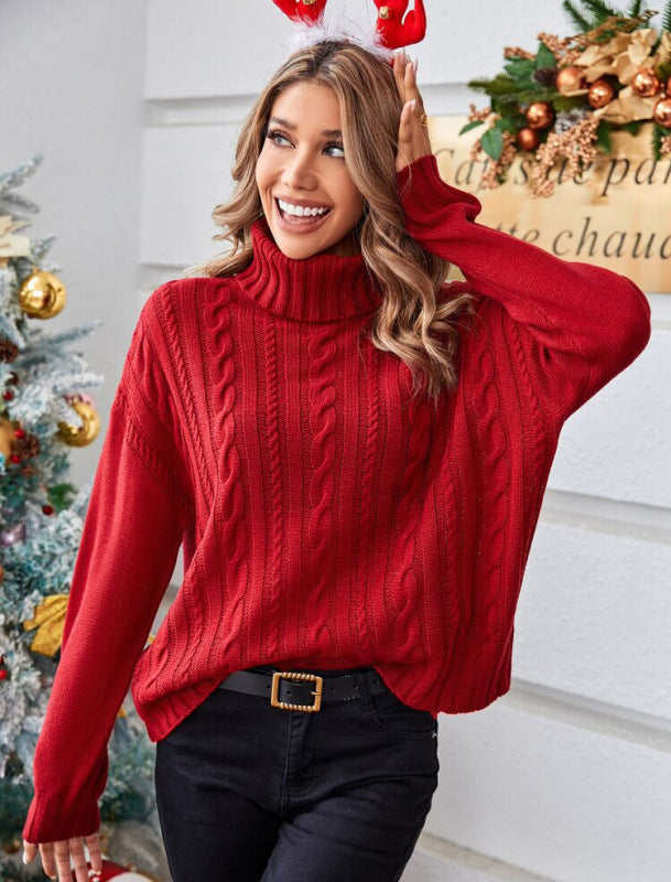 Women’s Red Long Sleeve Knit Turtleneck Sweater S-L
