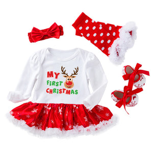 Baby Girl’s First Christmas 4 Piece Set in 7 Patterns and 4 Sizes - Wazzi's Wear