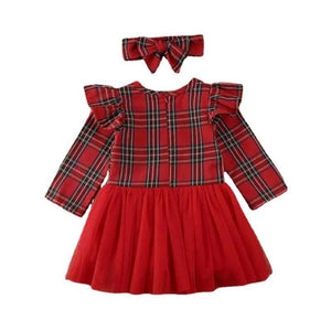 Infant and Toddler Plaid Long Sleeve Christmas Dress with Gauze Skirt and Headband - Wazzi's Wear
