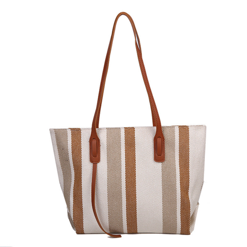 Women’s Large Capacity Striped Canvas Tote Bag in 3 Colors - Wazzi's Wear