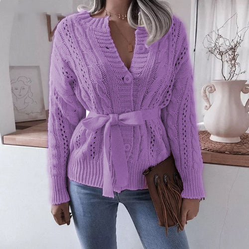 Women’s Buttoned Knit Sweater Cardigan with Waist Tie in 3 Colors S-L