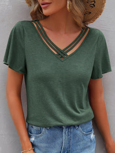 Women's Solid Ruffled V-Neck Short Sleeve Top in 6 Colors Sizes 4-30