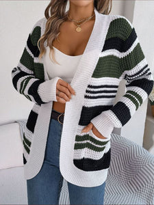 Women’s Striped Long Sleeve Open Knitted Cardigan with Pockets in 3 Colors S-L