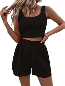 Women’s Solid Cropped Sleeveless Top with Matching Shorts in 6 Colors Sizes 2-14