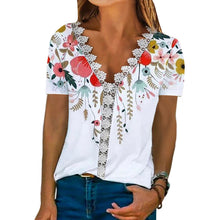 Load image into Gallery viewer, Woman’s Short Sleeve V-Neck Top with Lace Detail in 6 Patterns Sizes 4-18