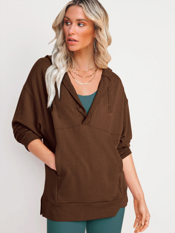 Women’s V-Neck Hooded Long Sleeve Top with Kangaroo Pocket in 4 Colors S-XL - Wazzi's Wear