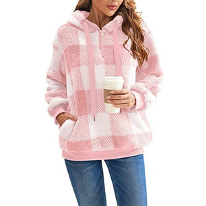 Women’s Plush Long Sleeve Plaid Hooded Sweatshirt with Side Pockets in 7 Colors Sizes 4-18