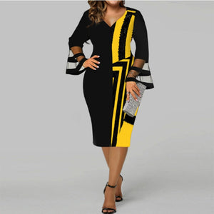 Women’s Plus Size V-Neck Geometric Midi Dress with Lace Detail in 5 Colors Sizes XL-5XL