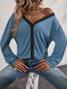 Women‘s V-Neck Long Sleeve Waffle Top with Buttons in 7 Colors S-5XL - Wazzi's Wear