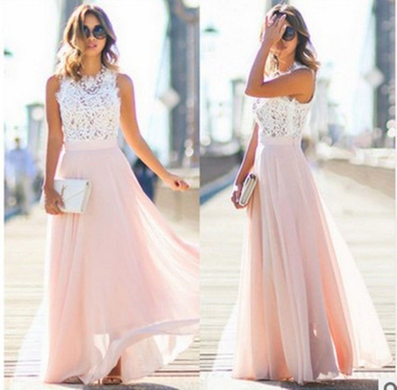  Women’s Sleeveless Formal Dress with Lace Bodice and Chiffon Skirt