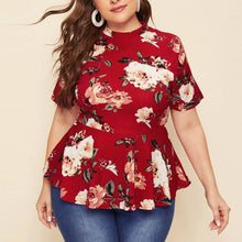 Load image into Gallery viewer, Women’s Plus Size Mock Neck Floral Peplum Top with Short Sleeves L-3XL