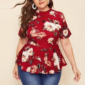 Women’s Plus Size Mock Neck Floral Peplum Top with Short Sleeves L-3XL