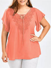 Load image into Gallery viewer, Women’s Plus Size Short Sleeve Chiffon Top with Lace Detail in 7 Colors Sizes XL-5XL