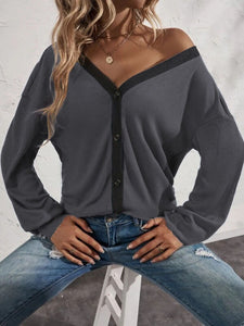 Women‘s V-Neck Long Sleeve Waffle Top with Buttons in 7 Colors S-5XL - Wazzi's Wear